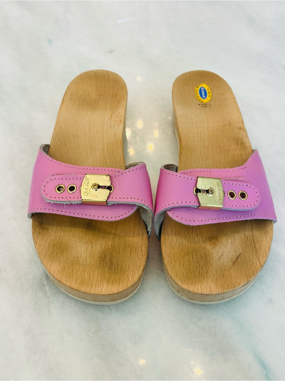 Vintage Dr. Scholl's Original Wood Exercise Pink Leather Slide Sandals Size 8 - Picture 2 of 8